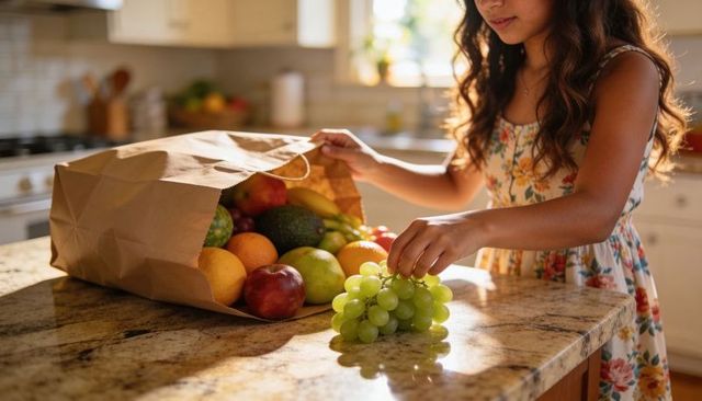 Girl reaching for green grapes from paper grocery bag on sunlit granite countertop
