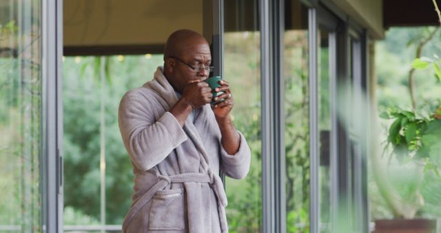 Middle-aged African American man standing on a porch, wearing a fluffy bathrobe and enjoying a cup of coffee. Ideal for illustrating the concepts of relaxation, leisure time, morning routines, and peaceful moments. Could be used for lifestyle blogs, coffee brands, or wellness marketing.