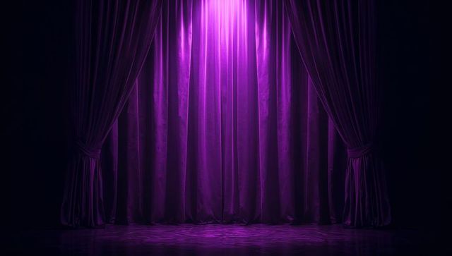 Luxurious purple velvet theater curtains with spotlight