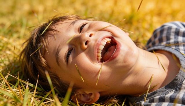 Laughing boy lying in golden grass closeup candid childhood joy sunlit smile outdoor play
