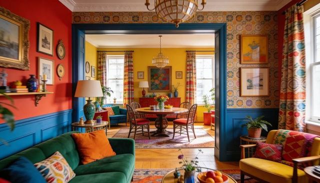 Vibrant eclectic living and dining room featuring round table, velvet sofa, bold patterns