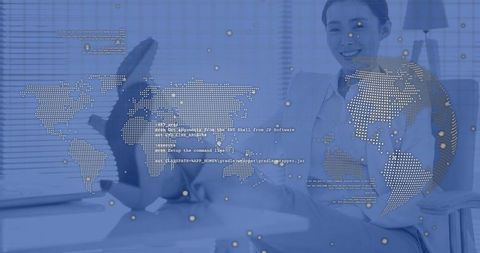 Chinese businesswoman smiling with global data visualization and code overlay, tech concept