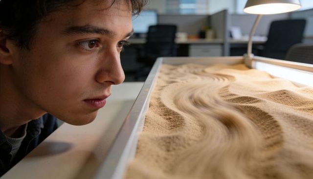 Young man leaning over raked sand tray on lamp-lit desk studying patterns for calm focus and design