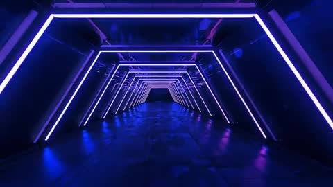 Futuristic Neon Tunnel Pulsing Purple LED Frames Reflecting on Metallic Floor, Cinematic Loop