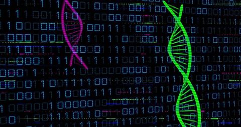 Binary code background with vibrant dna helices integration