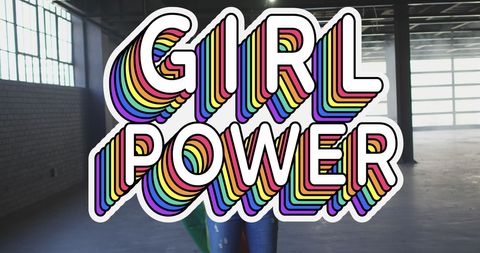 Retro rainbow typography girl power in industrial space