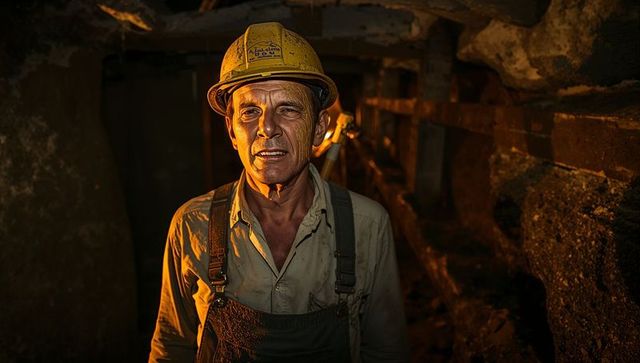 Hispanic miner inspecting mine tunnel in yellow hard hat and bib overalls under amber light