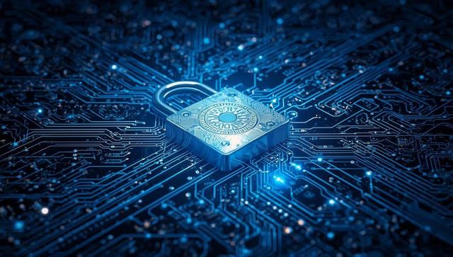 Cybersecurity Concept of Lock on Glowing Circuit Board