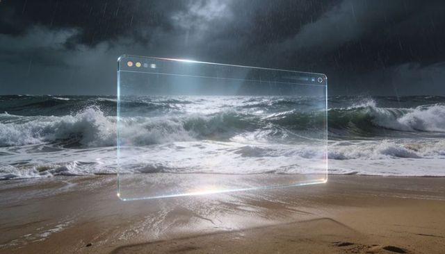 Holographic transparent browser panel hovering over stormy beach with rolling ocean waves and ar int