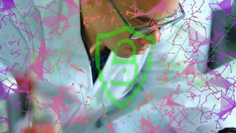 Scientist Analyzing Data with Digital Security Overlay