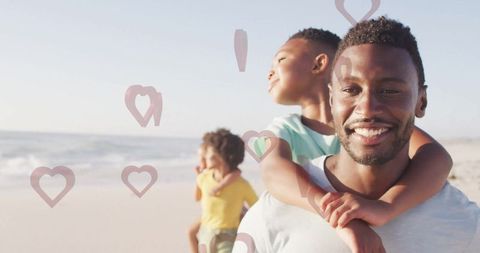 Joyful Family with Children Piggyback on Sunny Beach