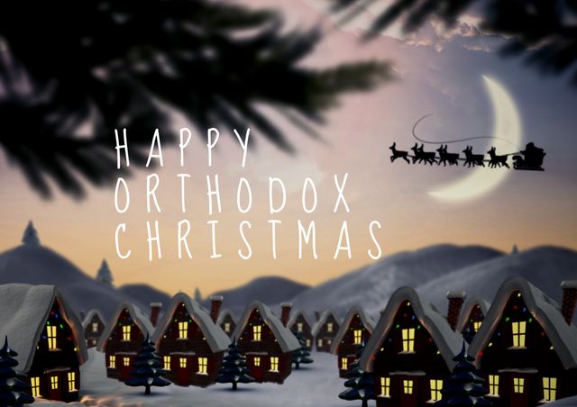 Illustration of a snowy village at dusk with 'Happy Orthodox Christmas' text. There are small houses with decorated windows, starry sky, and Santa Claus riding in a sleigh across a large, bright moon. Ideal for Christmas cards, holiday banners, Orthodox Christmas promotions, winter festival invitations, and festive social media posts.