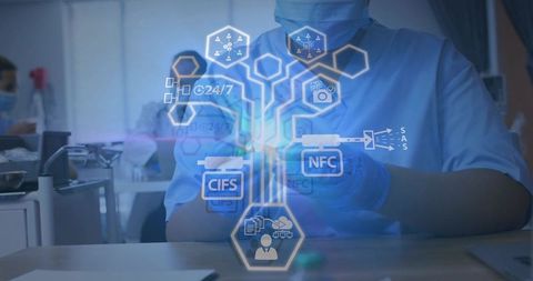 Clinician using holographic interface for laboratory diagnostics and nfc workflow integration