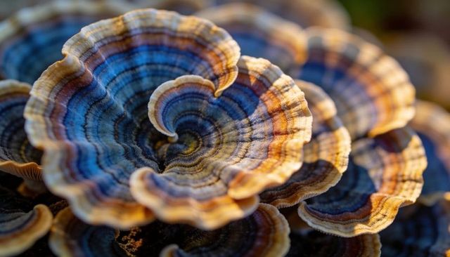 Displaying colorful turkey tail fungus macro with concentric banded fans on decaying wood