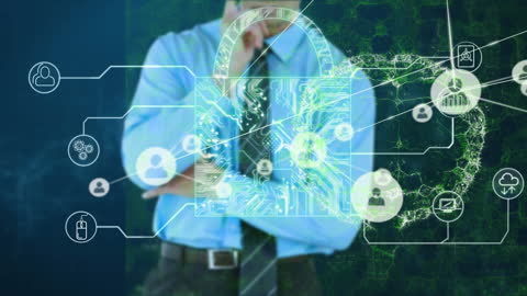 Businessman Overseeing Digital Security and Global Connections