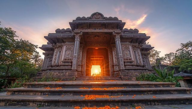 Sunrise sunlight streaming through ornate stone temple gateway with marigold petals