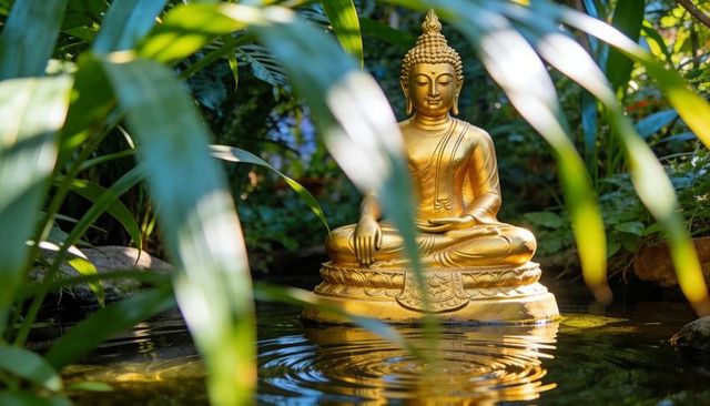 Golden buddha statue floating on garden pond with sunlit reflection and ripples