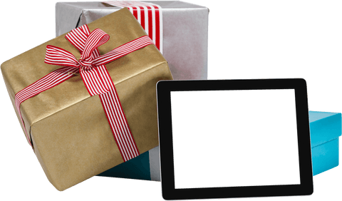 Transparent Lineup of Wrapped Presents and Digital Device for Festive Designs
