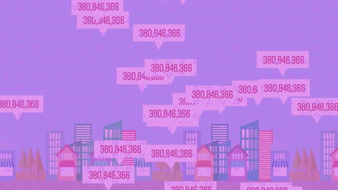 Abstract Animation of Media Icons on Urban Cityscape