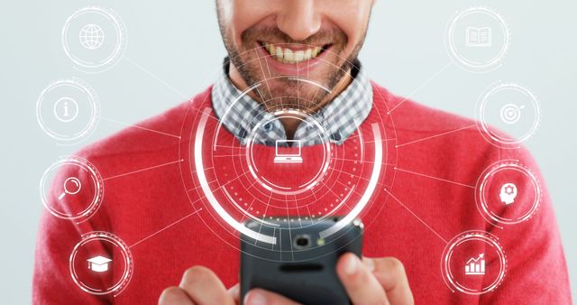 Man using futuristic smartphone with holographic icons in front of him - Download Free Stock Images Pikwizard.com