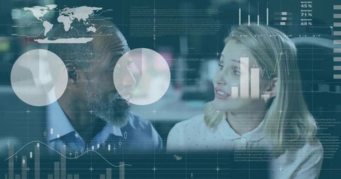 Analysts collaborating with live data dashboards and floating charts for strategy