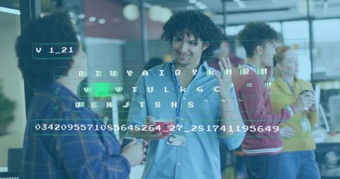 Team Collaboration with Digital Interface Overlay in Modern Office