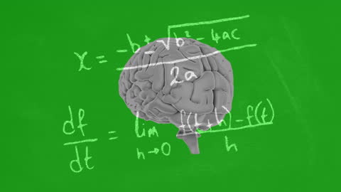 Rotating Brain with Mathematical Formulas on Green Background