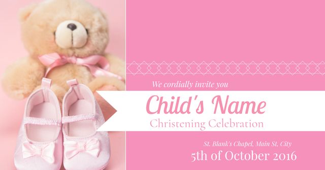 This image features pink baby shoes and a teddy bear, ideal for baby girl christening invitations and baby shower celebrations. The soft pink tones convey a warm and gentle atmosphere, perfect for announcing baby events, including births and naming ceremonies.