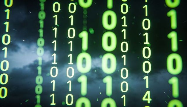 Streaming Binary Code Over Stormy Sky Neon Green Data Matrix for Cybersecurity