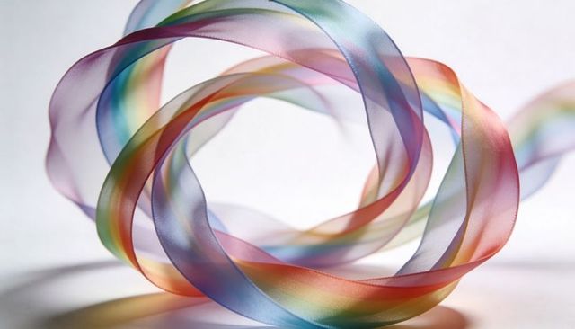 Coiling sheer rainbow ribbon forming overlapping loops casting soft shadows