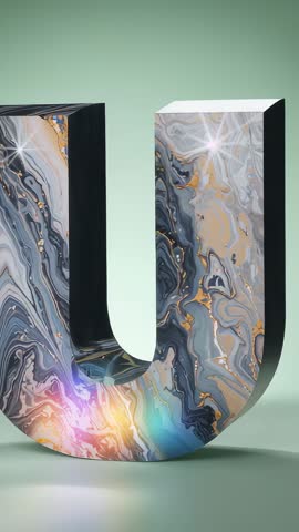 Rotating Marble U Letter Revealing Rainbow Illumination on Mint Green Backdrop for Luxury Branding