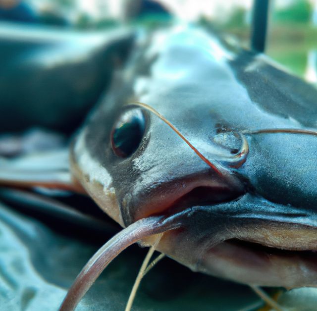 Close-up of a catfish with detailed focus on its face, showcasing its whiskers and eyes. Suitable for use in seafood industry promotions, fishing-related content, environmental awareness campaigns, and culinary websites.