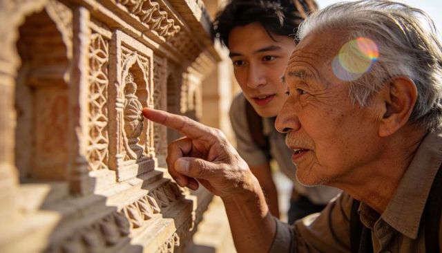 Senior man pointing at intricate carved stone relief while younger companion observing
