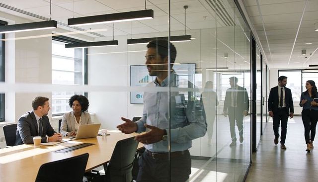 Executive presenting in glass conference while team collaborating in bright modern office
