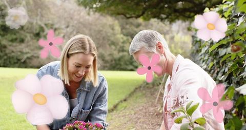 Generations gardening kneeling on lawn planting pink flowers with playful floral overlays