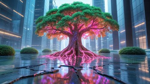 Futuristic dreaming tree with neon roots illuminating cityscape features