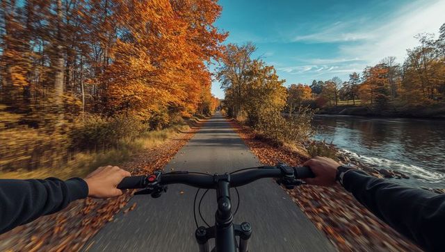 Cyclist on Scenic Autumn River Path with Colorful Leaves