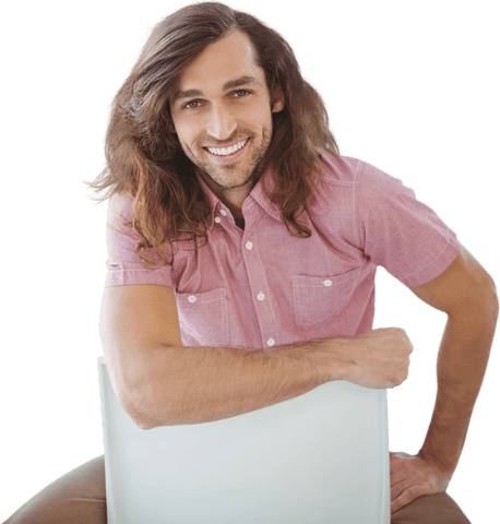 Smiling Male Hipster Sitting Easily on Chair in Office Transparent Background - Download Free Stock Videos Pikwizard.com
