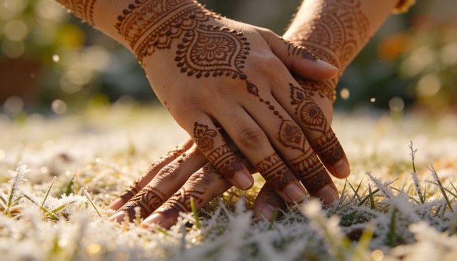 Henna hands touching frosted grass in warm morning light with intricate mehndi patterns