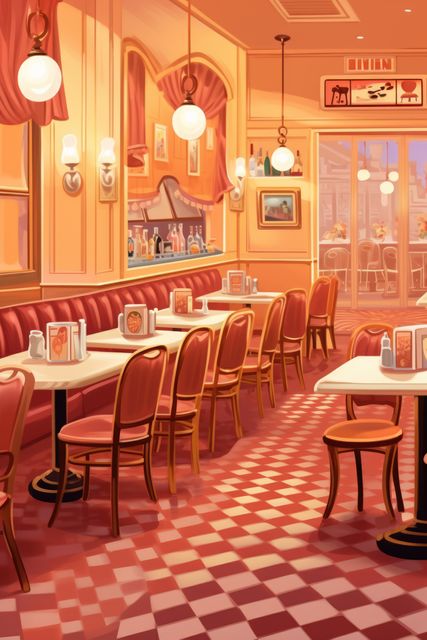 Warm and inviting vintage diner interior featuring red checkered flooring, booth seating with cushioned chairs and wooden tables. Ideal for designs inspired by the 1950s, illustrating restaurant or cafe themes, or creating a nostalgic atmosphere. Suited for marketing materials, editorial use, and interior decor inspirations.