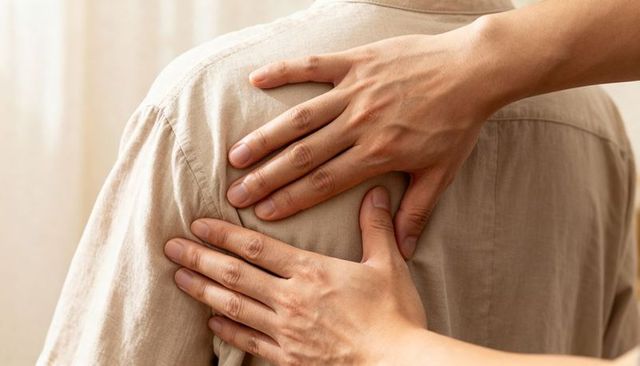 Hands-on shoulder therapy providing gentle relief and calming touch for back discomfort