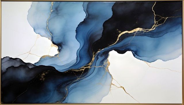 Flowing navy indigo marbling with shimmering gold veins in framed metallic border
