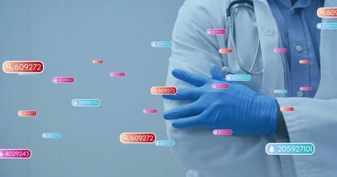 Doctor in Lab Coat Wear Blue Gloves Hosting Digital Tag Interface