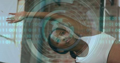 Woman stretching with futuristic hud and binary data overlay for biometric fitness training