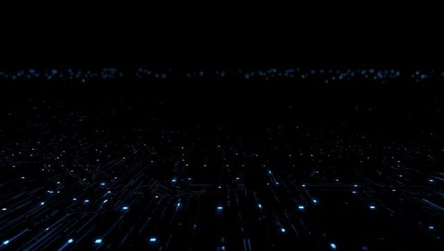 Glowing digital grid over virtual network with blue nodes