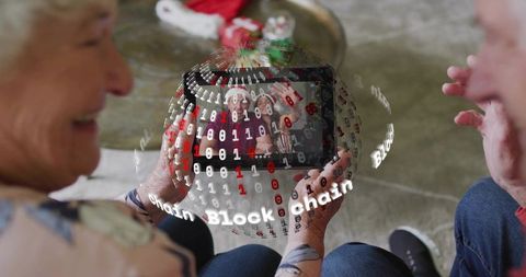 Senior couple video calling family with blockchain ar sphere overlay