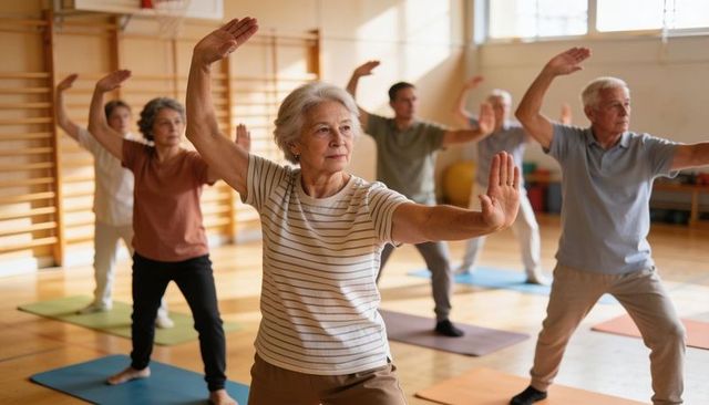 Active seniors practicing tai chi and balance exercises in bright community gym class