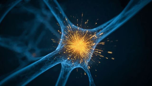 Neural synapse spark emitting golden burst within blue filament network, 3d render