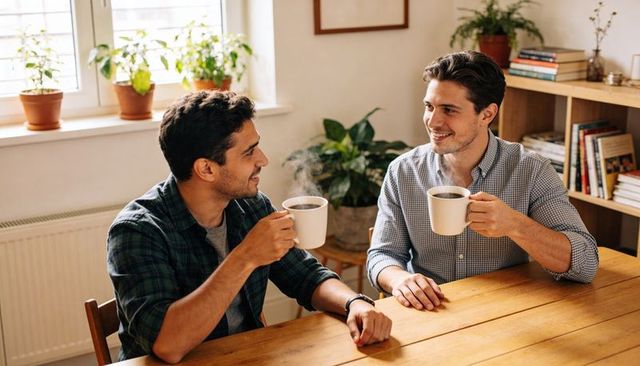 Two friends sharing morning coffee at sunlit kitchen table, smiling, chatting in cozy home