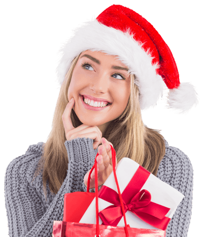 Blonde Woman in Santa Hat Holding Christmas Present